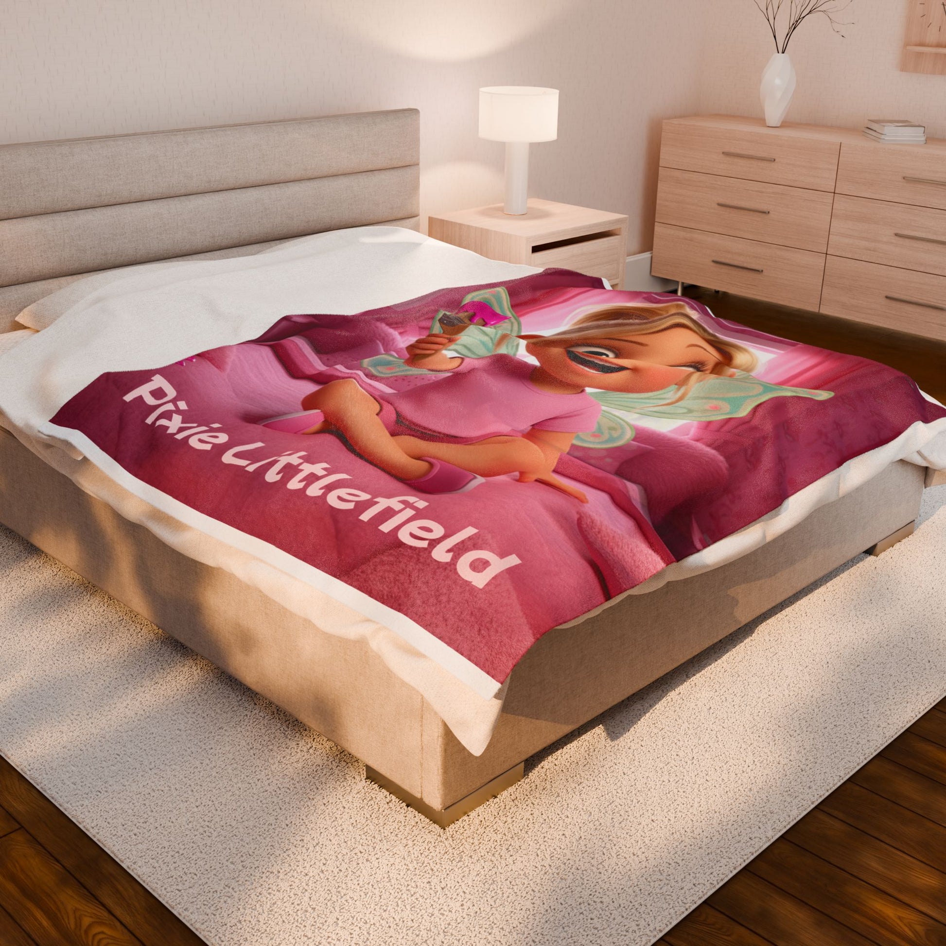 Pixie Littlefield Velveteen Plush Blanket — Soft Pink Fairy Kids Throw