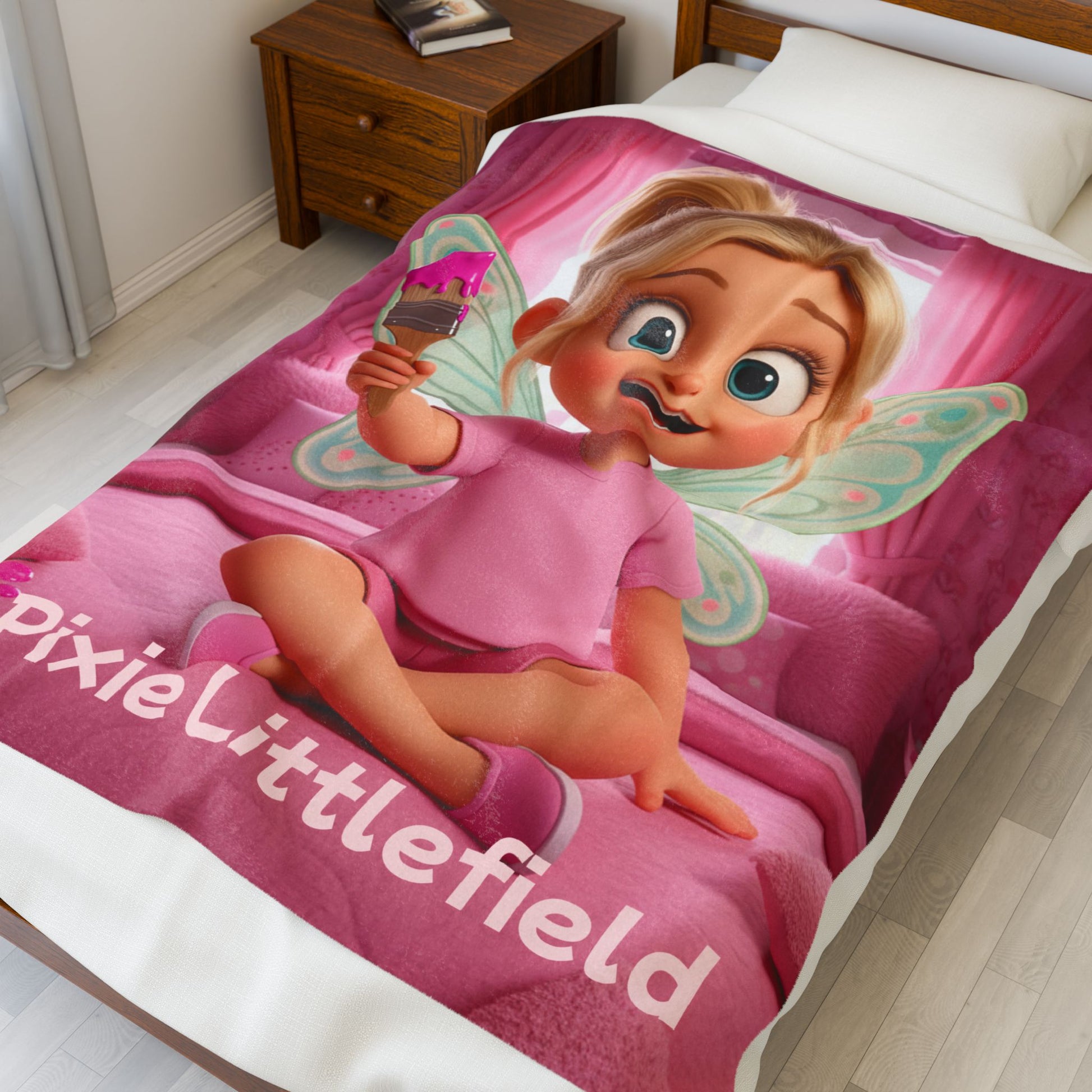 Pixie Littlefield Velveteen Plush Blanket — Soft Pink Fairy Kids Throw