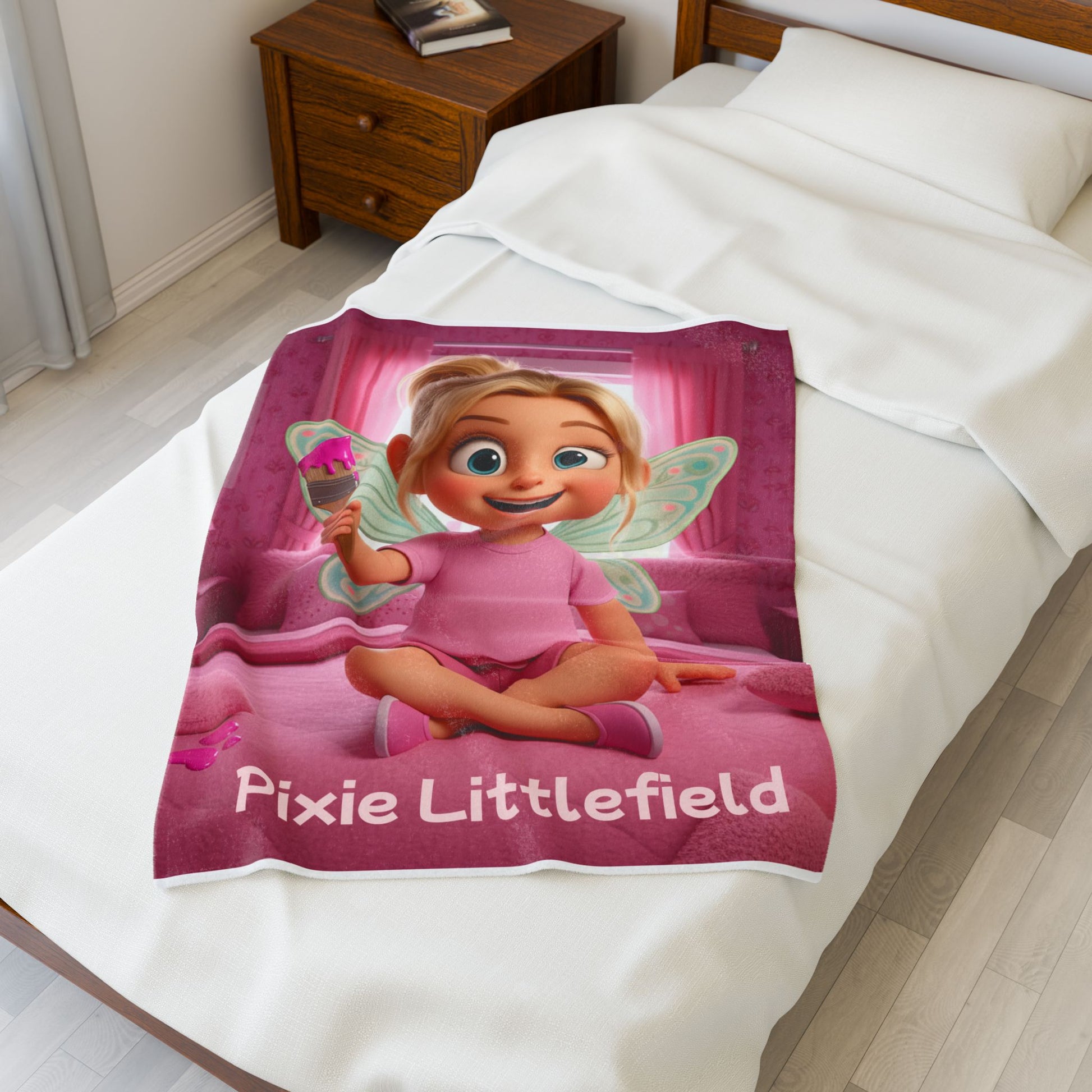 Pixie Littlefield Velveteen Plush Blanket — Soft Pink Fairy Kids Throw